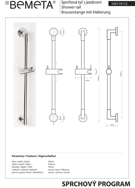 Bemeta Design Sprchová tyč s jezdcem, 595 mm, mosaz, lesk - 104114112