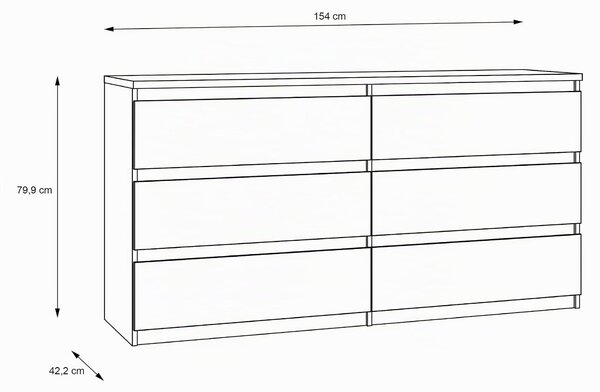 Komoda CHELSEA 6 zásuvek - 154 cm x 42,2 x 79,9 - dub artisan