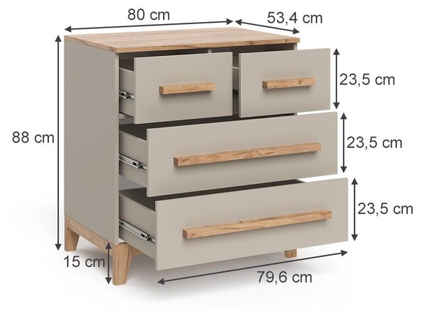 Kredenc Vitalispa Malia Kašmír/Řemeselné 80 x 88 cm se 4 zásuvkami, Model 58364