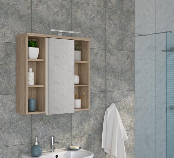 Koupelnová zrcadlová skříňka >Veris< LED osvětlení, zrcadlo, Imitace dub Sonoma - 68,6x68,1x20cm (š/v/d)