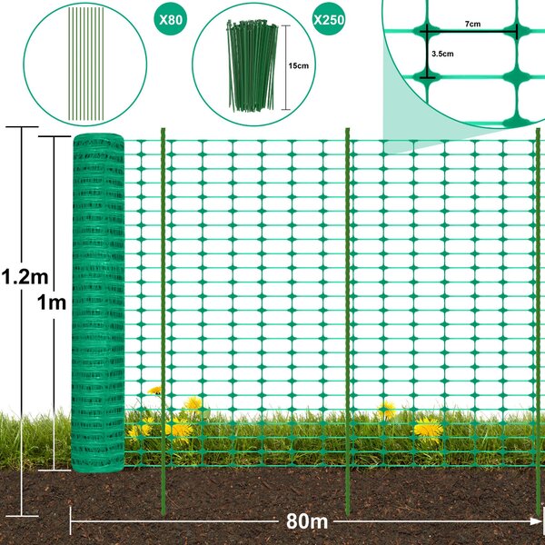 QEENTOE, plot o rozměrech 1x80 metrů, stavební plot, ohraničovací plot, plot pro hospodářská zvířata, výška 100 cm, plastová ochranná síť, plot pro slepice, výstražná síť, zelená (s podlahovými kolíky)