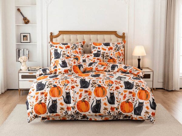 Povlečení z mikrovlákna CATS AND PUMPKINS barevné Rozměr povlečení: 70 x 90 cm | 140 x 200 cm