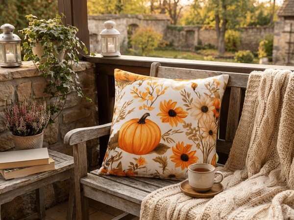 Povlak na polštář z mikrovlákna FLOWERS AND PUMPKINS 45x45 cm, oranžový
