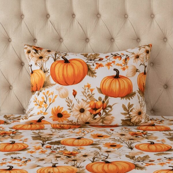 Povlak na polštář z mikrovlákna FLOWERS AND PUMPKINS 50x70 cm, oranžový