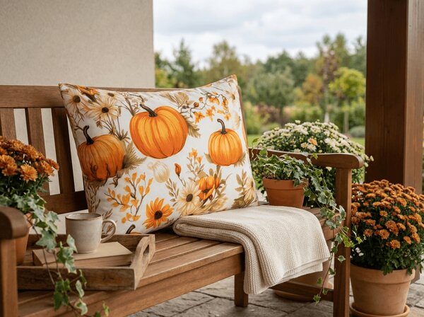 Povlak na polštář z mikrovlákna FLOWERS AND PUMPKINS 50x70 cm, oranžový