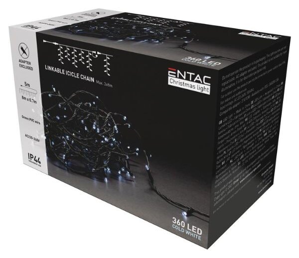 LED vánoční závěs 8m x 0,7m, venkovní, studené světlo 360 LED, 6W prodloužení bez adaptéru