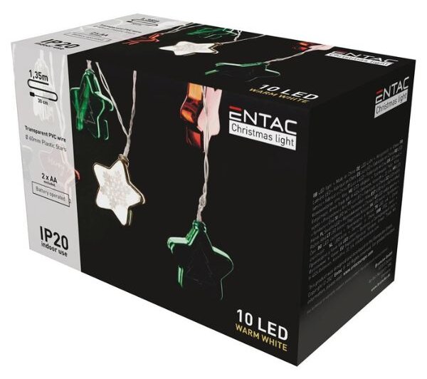 LED vánoční řetěz 1,35m, vnitřní, teplé světlo, 10 LED hvězd 6cm s motivem, na baterie AA