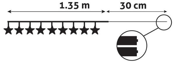LED vánoční řetěz 1,35m, vnitřní, teplé světlo, 10 LED hvězd 6cm s motivem, na baterie AA