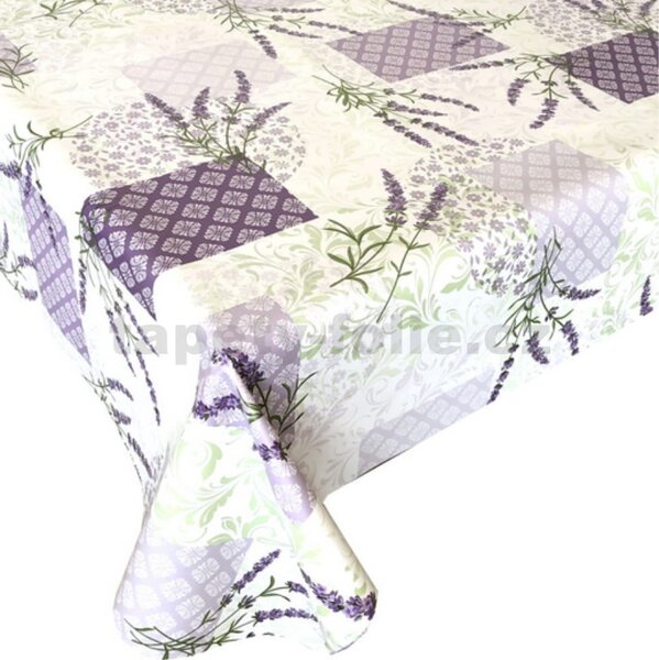 Ubrus PVC 3581319, metráž, 20 m x 140 cm, levandule se zelenými ornamenty, IMPOL TRADE