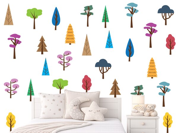 Sada barevných stromečků textilní přelepitelné samolepky na zeď arch 72 x 75 cm