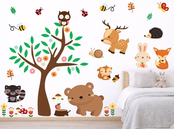 Strom a zvířátka textilní přelepitelné samolepky na zeď arch 70 x 60 cm