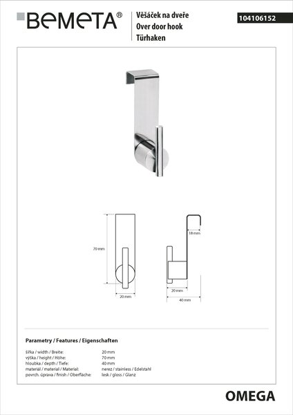 Bemeta Design OMEGA: Háček, na dveře - 104106152