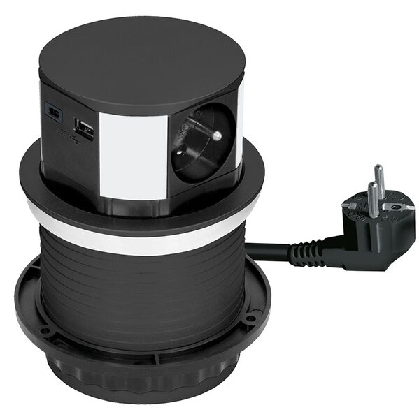 SOLIGHT Výsuvný blok zásuvek 3 x 16 A + USB A+C 20W PD, kabel 2m, černý