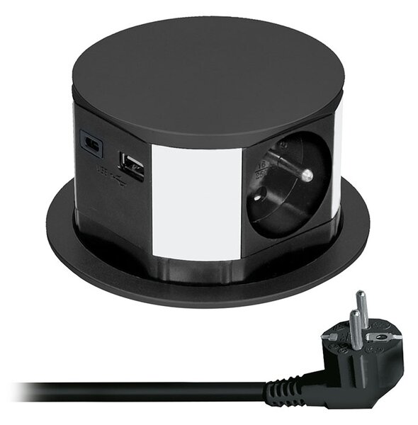 SOLIGHT Výsuvný blok zásuvek 3 x 16 A + USB A+C 20W PD, kabel 2m, černý