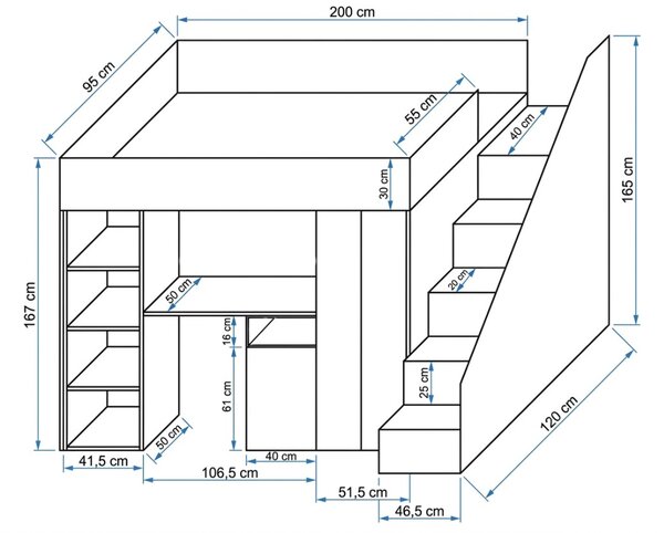 Multifunkční patrová postel pro 1 – Kony 14 Barevné provedení: Beton/černá