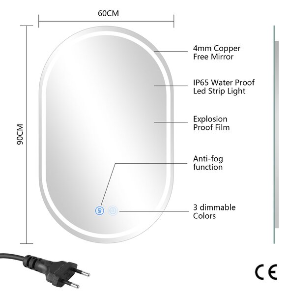 Erga Lyra, oválné LED zrcadlo 60x90cm, 3 barvy světla, přední a zadní osvětlení, vyhřívací podložka proti zapaření, ERG-V01-Lyra-6090-CL
