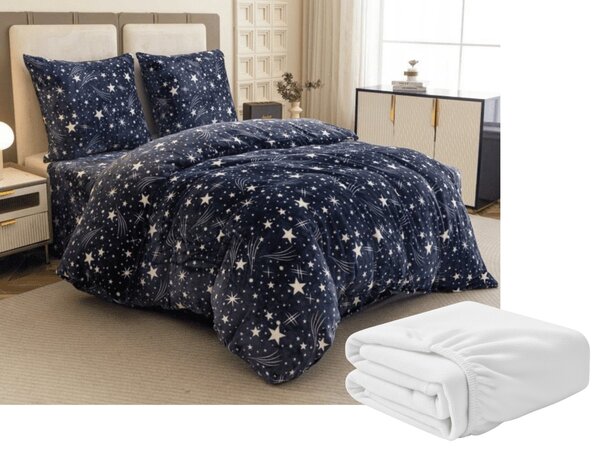 Sada mikroplyšového povlečení STARLIGHT tmavě modré + prostěradlo mikroplyš SOFT 90x200 cm bílé, jednolůžko