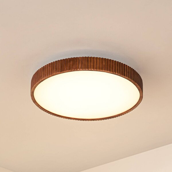 Lindby LED stropní svítidlo Velua, bílá/tmavé dřevo, Ø 50 cm, stmívatelný, Tmavé dřevo, Obývací pokoj / jídelna, Dřevo, Moderní