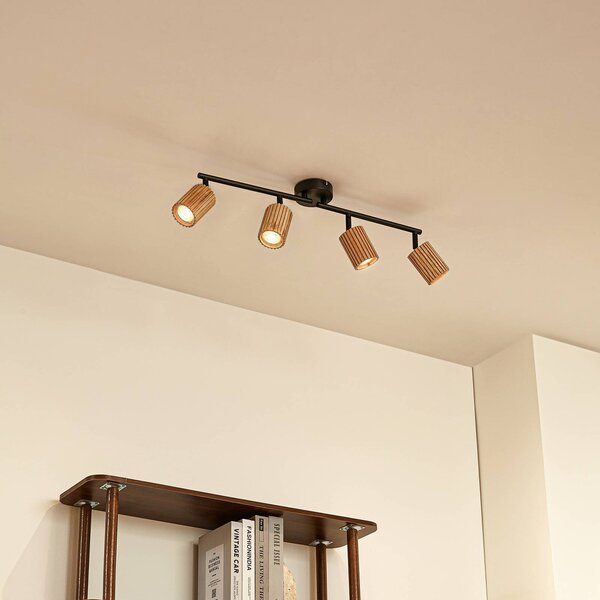 Lindby Stropní bodové světlo Stralino, 4 žárovky, délka 60 cm, dřevo, stmívatelný, Světlé dřevo, Chodba, Dřevo, Moderní