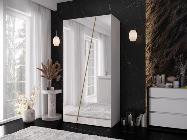 Šatní skříň se zrcadlem Grelipt 2L 100 cm, Barva: bílá / bílá + zlatá 5903211528484