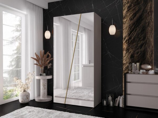 Šatní skříň se zrcadlem Grelipt 2L 100 cm, Barva: bílá / bílá + zlatá 5903211528484
