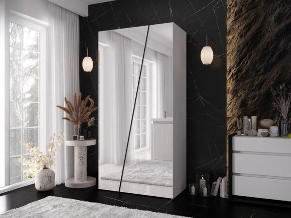 Šatní skříň se zrcadlem Grelipt 2L 100 cm, Barva: bílá / bílá + zlatá 5903211528484