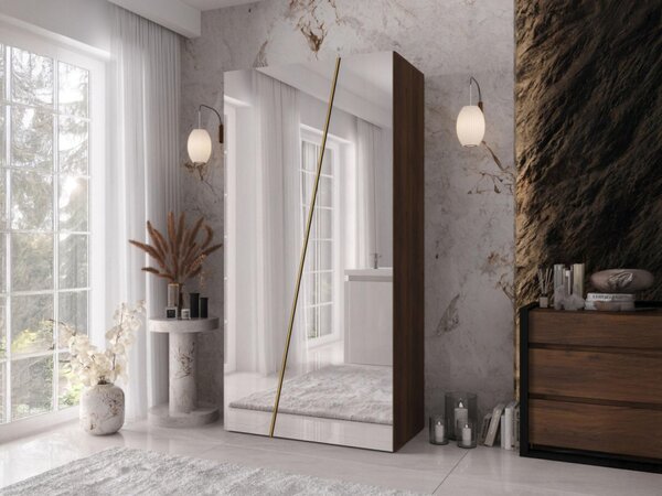 Šatní skříň se zrcadlem Grelipt 2L 100 cm, Barva: bílá / bílá + zlatá 5903211528484