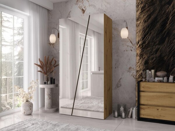 Šatní skříň se zrcadlem Grelipt 2L 100 cm, Barva: bílá / bílá + zlatá 5903211528484