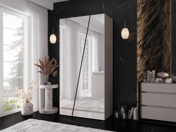 Šatní skříň se zrcadlem Grelipt 2L 100 cm, Barva: bílá / bílá + zlatá 5903211528484