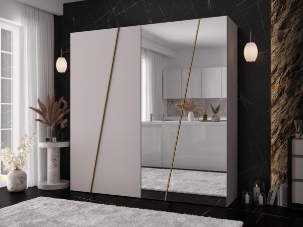Šatní skříň se zrcadlem Grelipt 2L 200 cm, Barva: černá / černá + zlatá 5903211528606