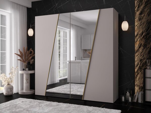 Šatní skříň se zrcadlem Grelipt 2L 200 cm, Barva: černá / černá + zlatá 5903211528606