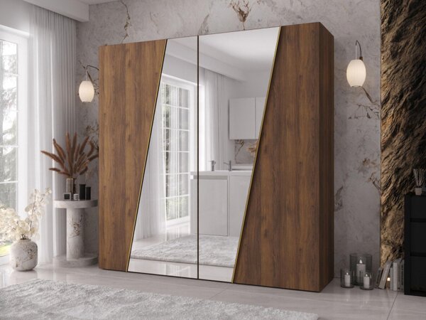 Šatní skříň se zrcadlem Grelipt 2L 200 cm, Barva: černá / černá + zlatá 5903211528606