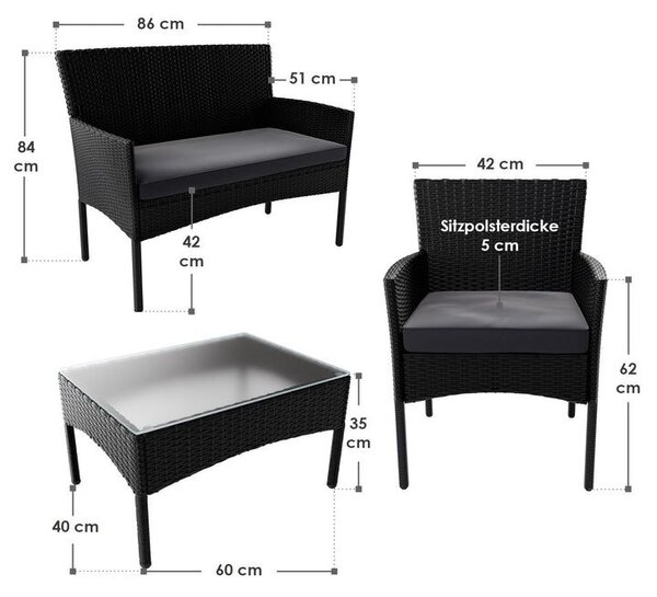 Zahradní set pro 4 osoby, křesla a stůl, černý ratan