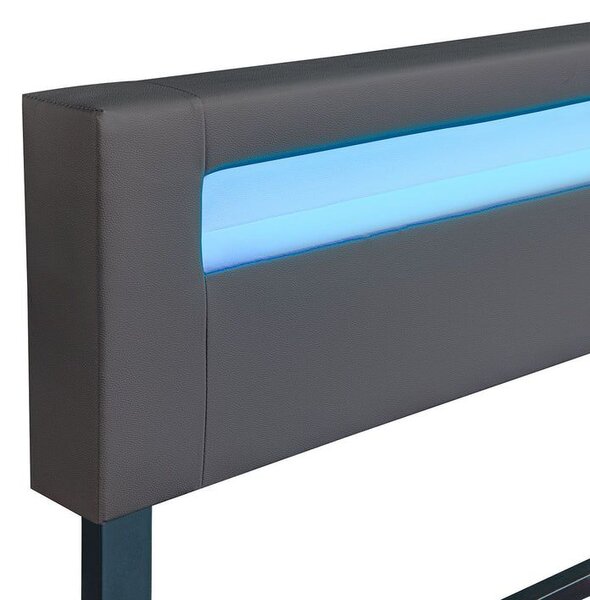 Moderní šedá čalouněná postel 180x200 s LED a roštem