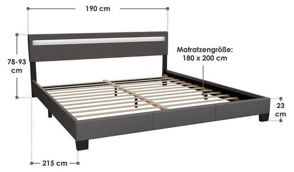 Moderní šedá čalouněná postel 180x200 s LED a roštem