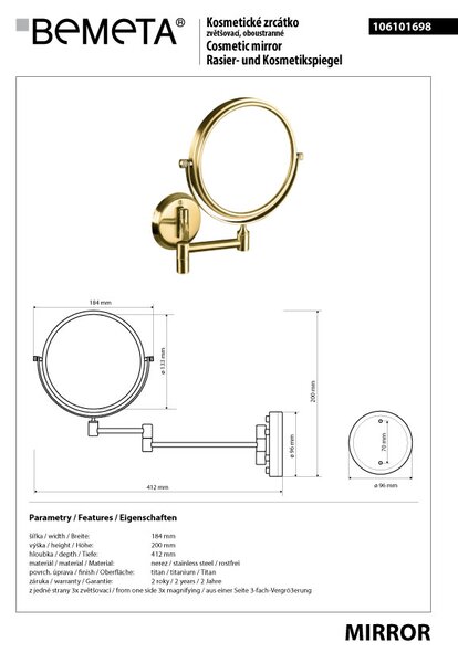 Bemeta Design RETRO zlato: Kosmetické zrcátko, ø 140 mm, oboustranné - 106101698