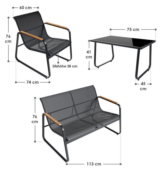 Moderní zahradní set, 2 křesla, lavice a stůl, antracit