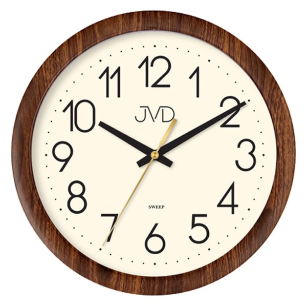 JVD Nástěnné bílé čitelné netikající tiché hodiny JVD H608.3 v imitaci dřeva