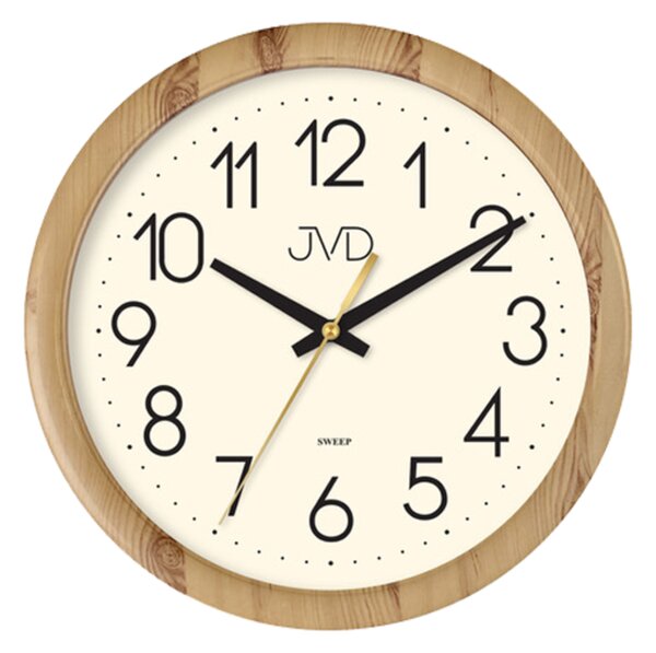 JVD Nástěnné bílé čitelné netikající tiché hodiny JVD H608.2 v imitaci dřeva
