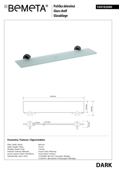 Bemeta Design DARK: Polička, 600 mm, sklo - 104102040