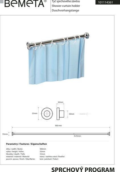 Bemeta Design Tyč sprchového závěsu, 900 mm, nerez, lesk - 101114361
