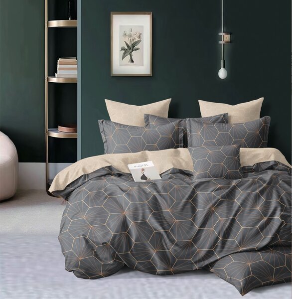 7dílné povlečení na 2 postele 140×200/70×90 – šedé s geometrickým vzorem (luxusní styl) + prostěradlo zdarma | bavlněné, zapínání na knoflíky