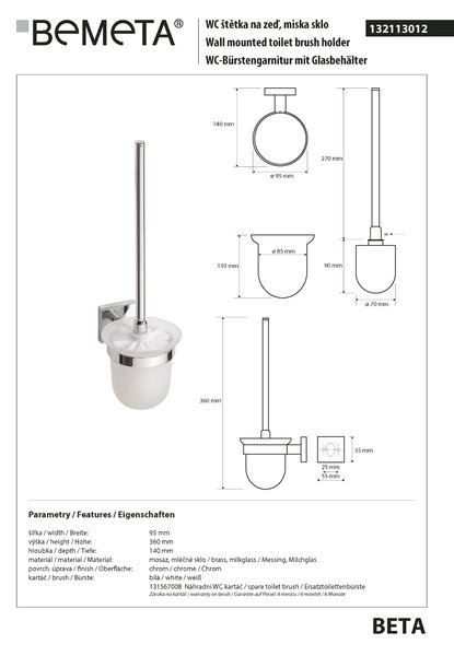 Bemeta Design BETA: WC štětka, na pověšení, sklo - 132113012