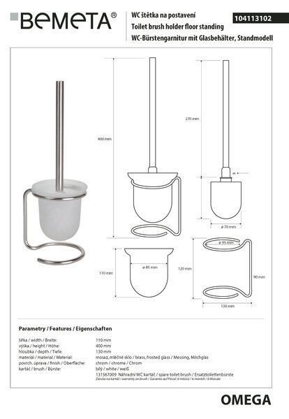Bemeta Design OMEGA: WC štětka, na postavení, sklo - 104113102