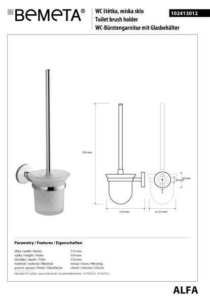 Bemeta Design ALFA: WC štětka, na pověšení, sklo - 102413012