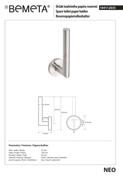 Bemeta Design NEO: Držák toaletního papíru, rezervní, nerez - 104112035