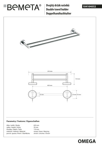 Bemeta Design OMEGA: Držák ručníků, 600 mm, dvojitý - 104104052