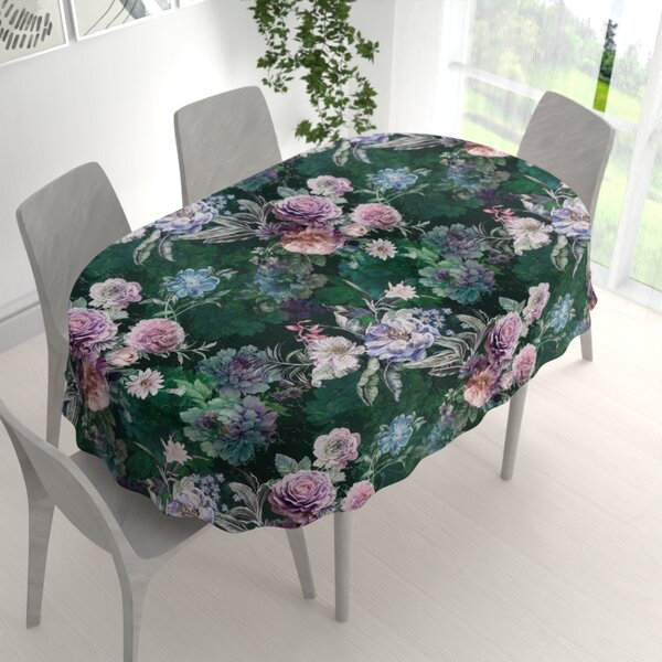Biante Dekorační oválný ubrus Parma PM-114 Fialové květy na tmavě zeleném 50x100 cm