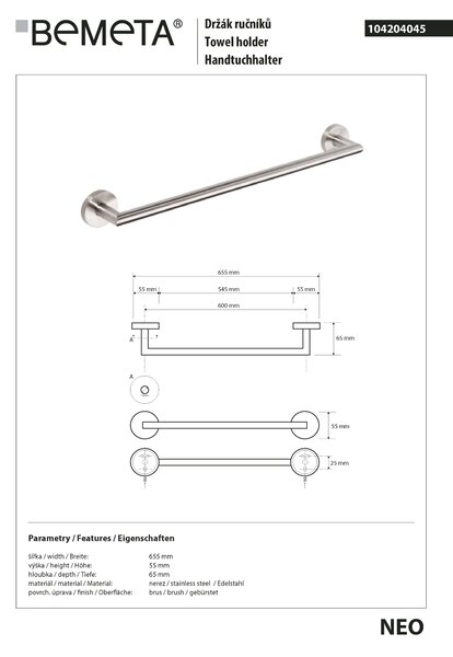 Bemeta Design NEO: Držák ručníků, 600 mm - 104204045