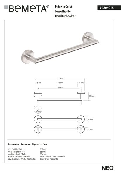Bemeta Design NEO: Držák ručníků, 300 mm - 104204015